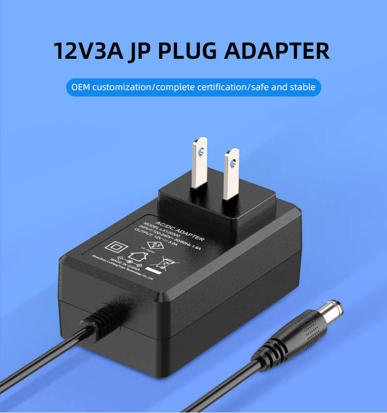 An adapter that converts AC power to a stable output of 12 volts at 3 amps, suitable for powering a range of devices.