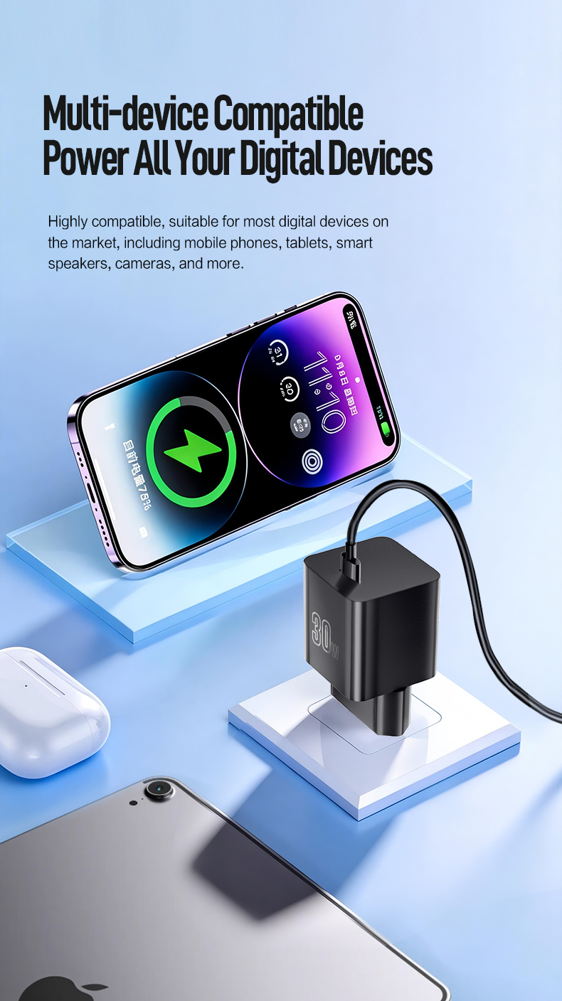 The Fast GaN Charger PD 30W delivers rapid charging for laptops/phones. This 30W GaN Charger features Gallium Nitride tech for compact size. As a 30W USB-C Gan Wall Charger, it powers MacBook Air to 50% in 35 minutes with foldable plug and OVP/OCP protection.
