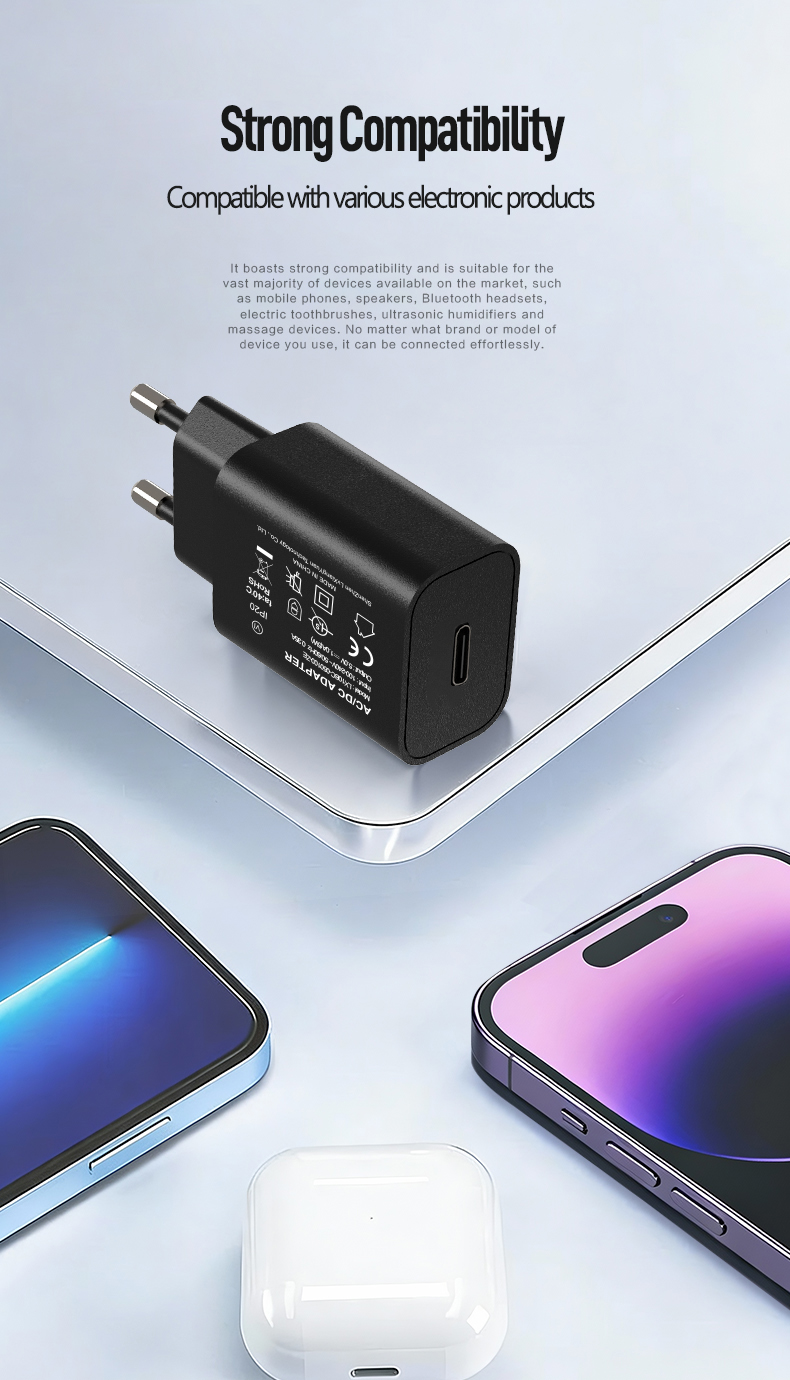 The 5V 1A USB-C Charger Block delivers reliable power as a compact AC Power Adapter Type C 5V 1A. This CHARGER USB TYPE C 5V/1A features universal 100-240V input, USB-PD compliance, and over-current protection.