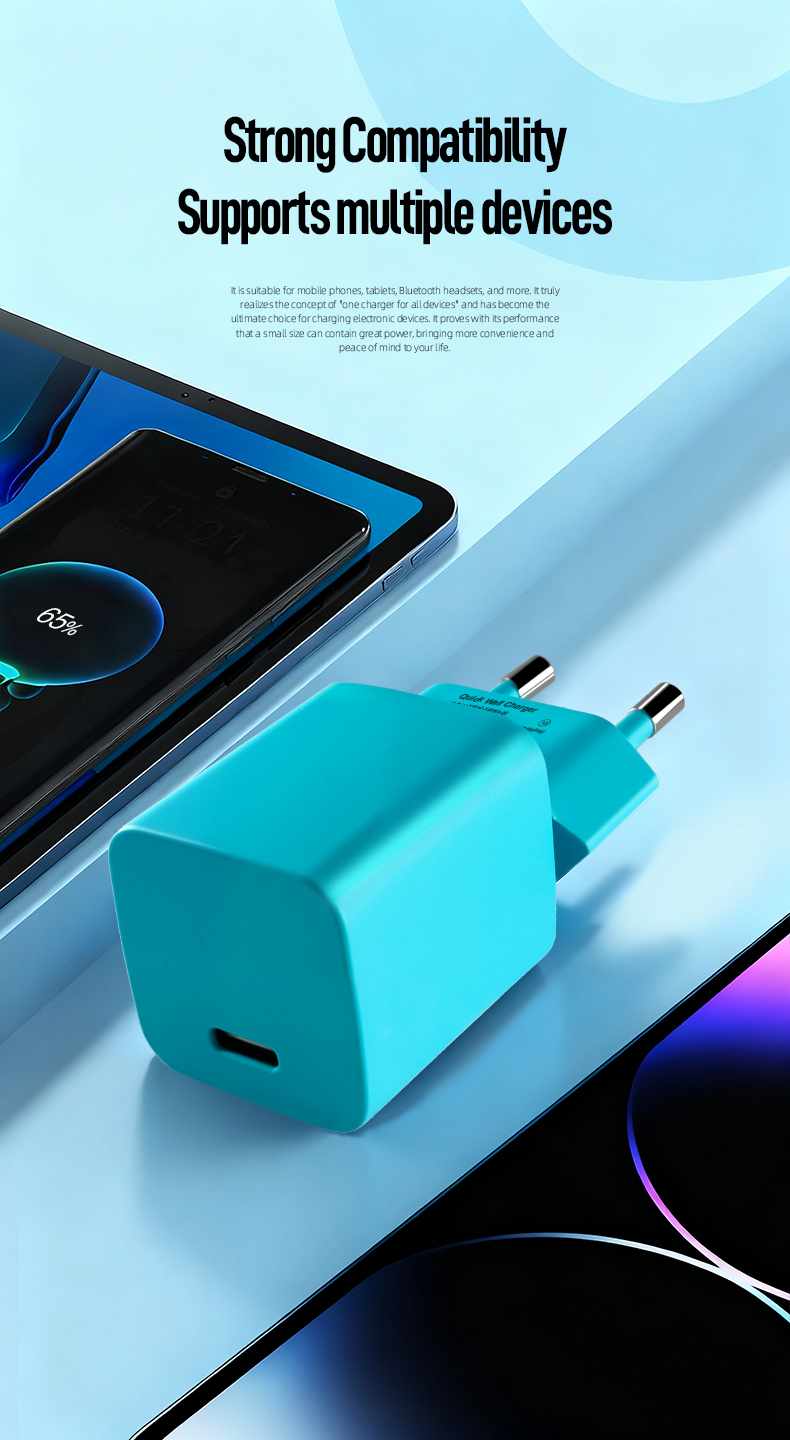 As the morning light filters through a Parisian café window, a coral-orange charger glows beside a cappuccino. In Berlin, a mint-green unit accents a minimalist desk. Across the continent, the PD20W Single USB-C European Standard Colorful Charger.