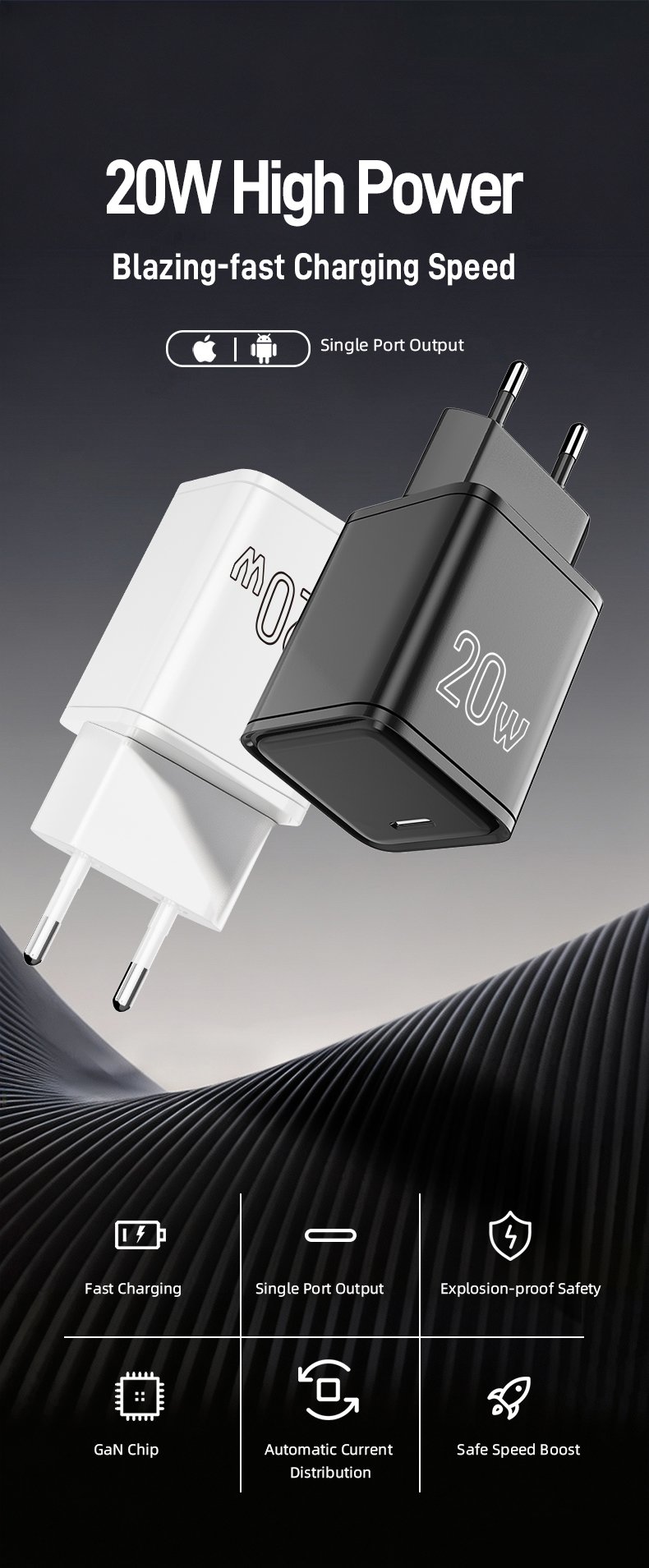 This compact, safety-certified gan 20w charger adopts advanced GaN technology, runs cooler with multi-layer protection, delivers stable fast charging for most mainstream smartphones and small USB-C electronics.