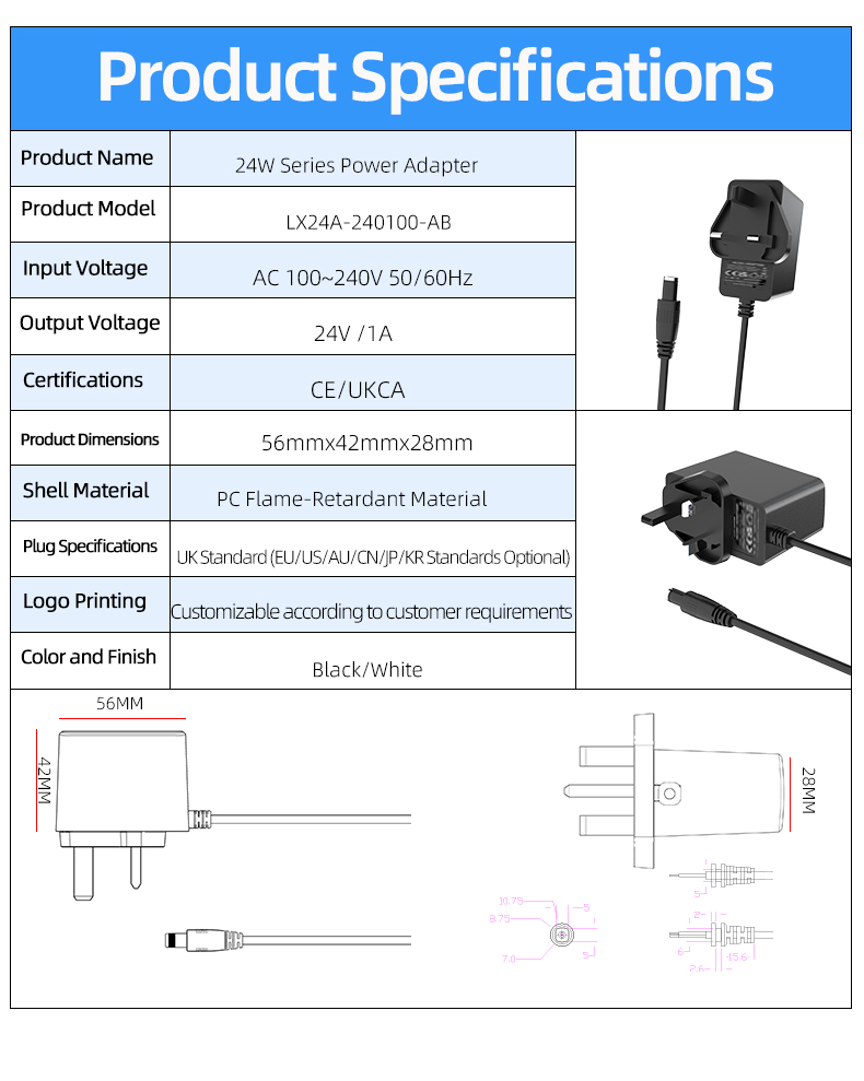 Compact power adapter 24V 1A, delivering 24 volt 1 amp output. Ideal for devices requiring adaptor 24v 1a or 24 volt 1 amp adapter or equivalent. Certified safety, universal compatibility.