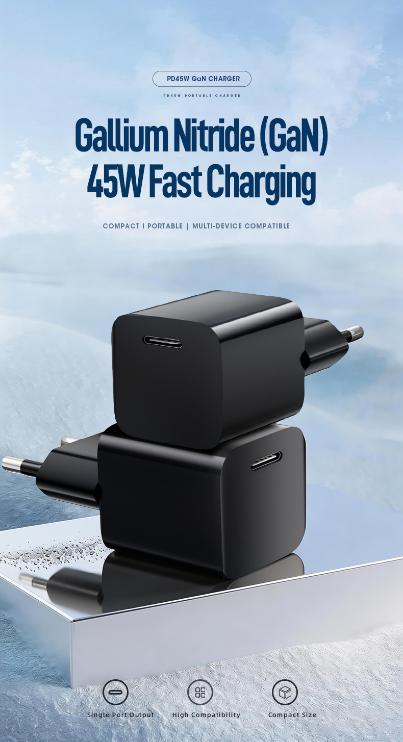 The Super Fast Charger PD 45W delivers 0-50% laptop charge in 30 minutes via USB PD 3.0. Features GaN tech (40% smaller size), universal 100-240V input, and OVP/OCP/SCP protection. Certified for MacBook Air, Dell XPS, and Nintendo Switch.