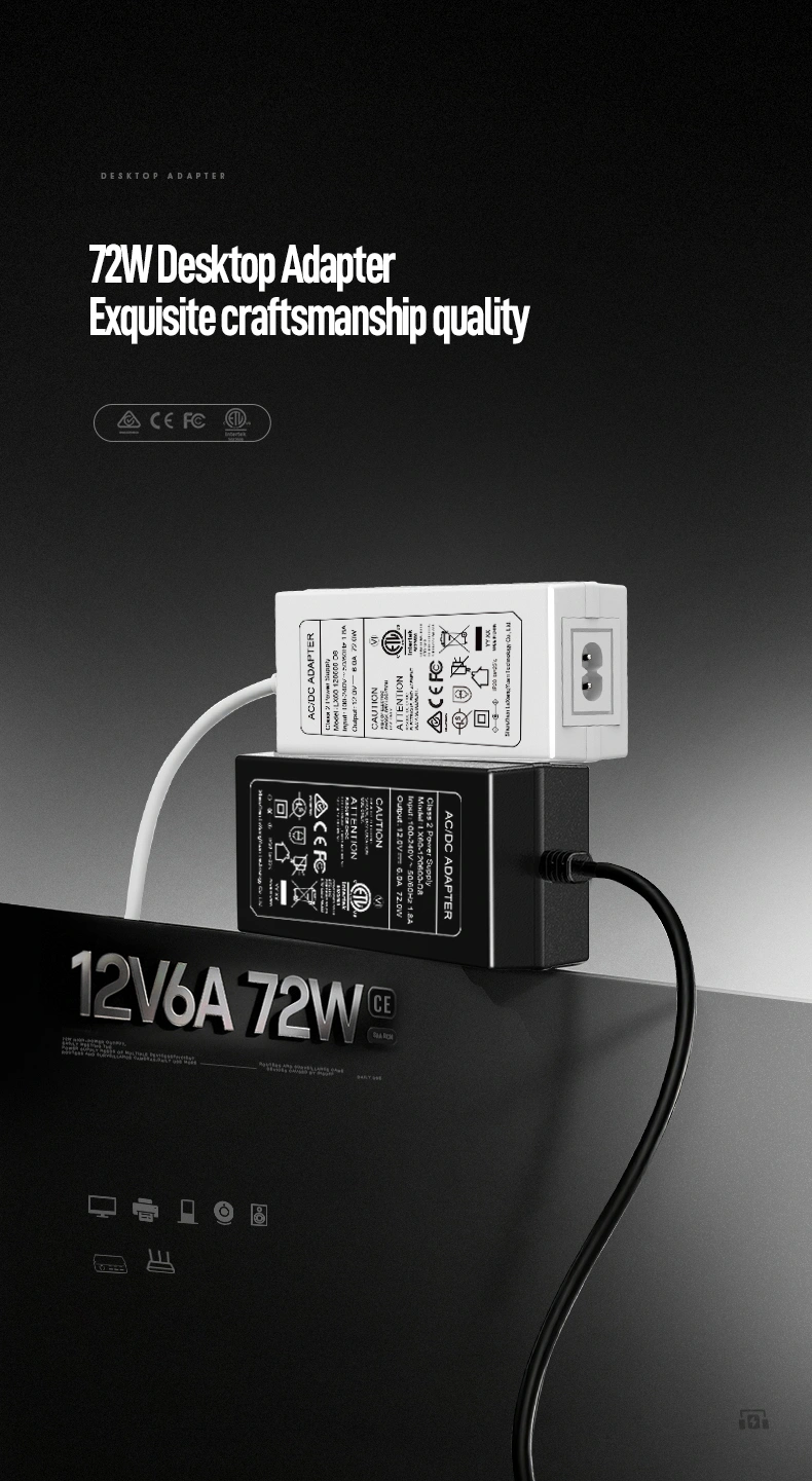 The 12V 6A Power Adapter delivers industrial-grade 72W DC power (12V×6A) for high-demand applications. Featuring universal 100-240V input, overload/short-circuit protection, and CE/FCC certification. Powers LED arrays, servers, and automation systems with stable, efficient performance in commercial or industrial environments.
