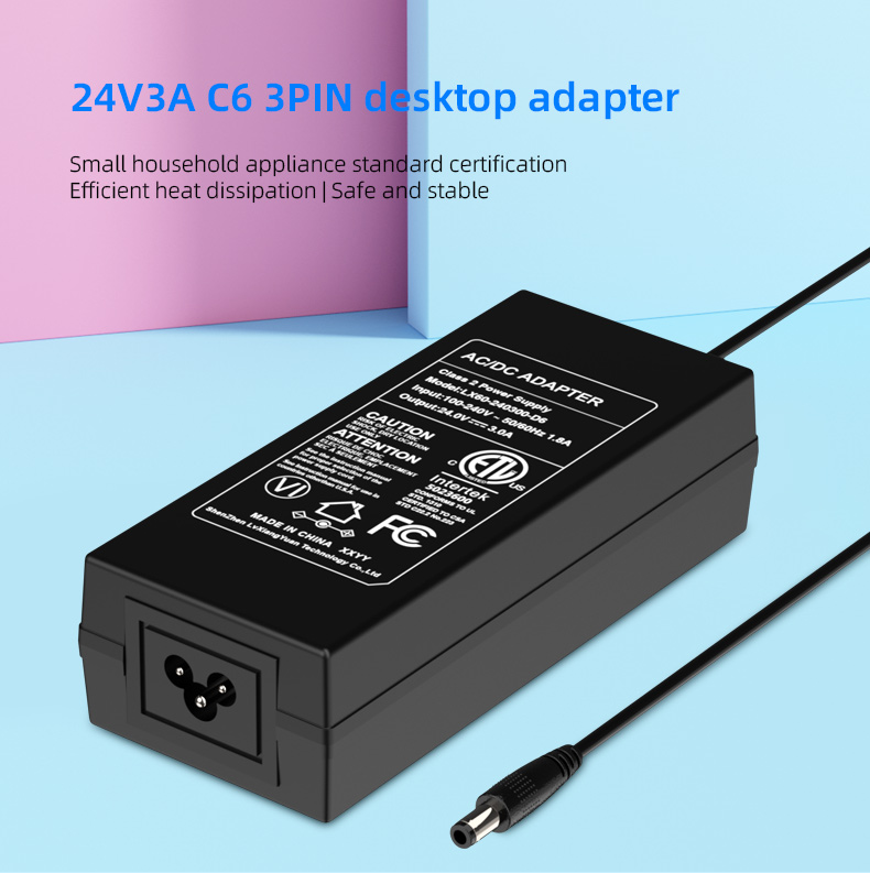 This power supply is designed to provide a consistent output of 24 volts and 3 amps, making it suitable for a variety of electronic devices that require this voltage and current specification.