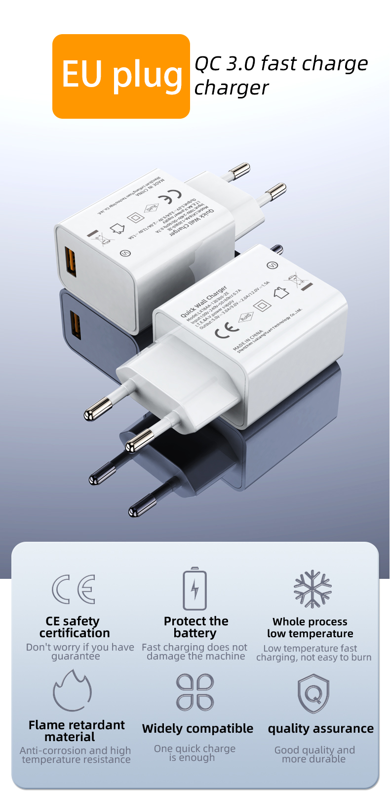 A QC3.0 wall charger is a wall charger that is equipped with Qualcomm Quick Charge 3.0 technology. This technology offers faster charging speeds than traditional chargers by providing up to 18 watts of power. This type of charger is designed to provide rapid charging for devices that support Qualcomm Quick Charge 3.0, such as smartphones, tablets, and other such electronic devices. The charger automatically adjusts the power output based on the device's requirements, providing optimal charging speed and ensuring that your device is charged quickly and safely. QC3.0 wall chargers are backward compatible with Quick Charge 2.0 and 1.0 devices as well.