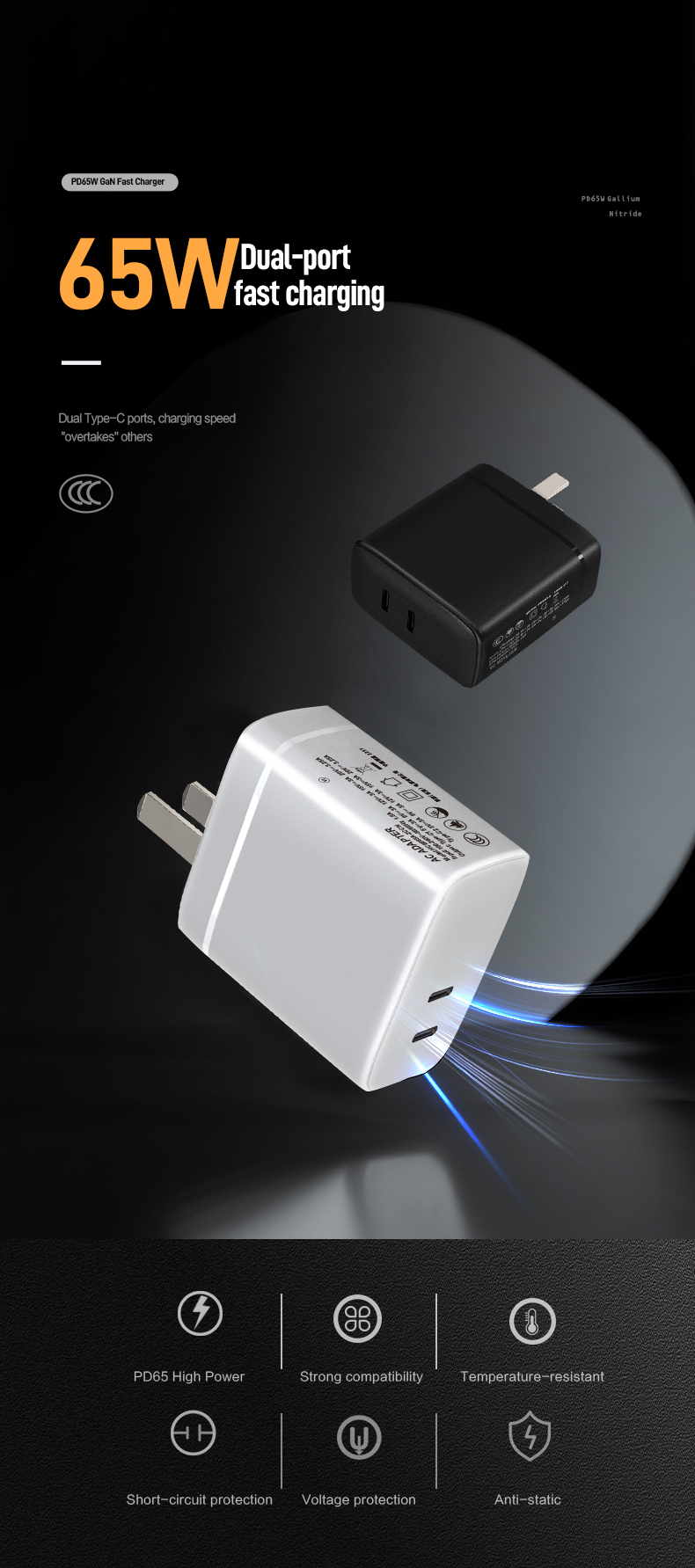 The 65W USB-C Charger delivers laptop-fast charging via USB-C Power Delivery (PD). Leveraging GaN technology, it powers MacBooks, phones, and tablets in an ultra-compact design. Features foldable plugs, universal 100-240V input, and certified safety (FCC/CE/RoHS) for efficient global use.