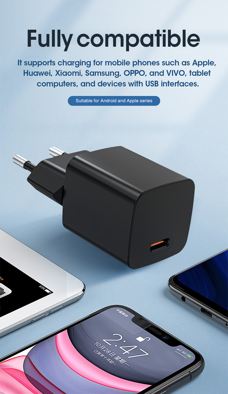 Compact 20 Watt USB C PD 3.0 20w charger for iPhone, or 20 watt pd charger, delivering fast charging via Power Delivery 3.0 technology. Fully compatible with all USB-C devices.