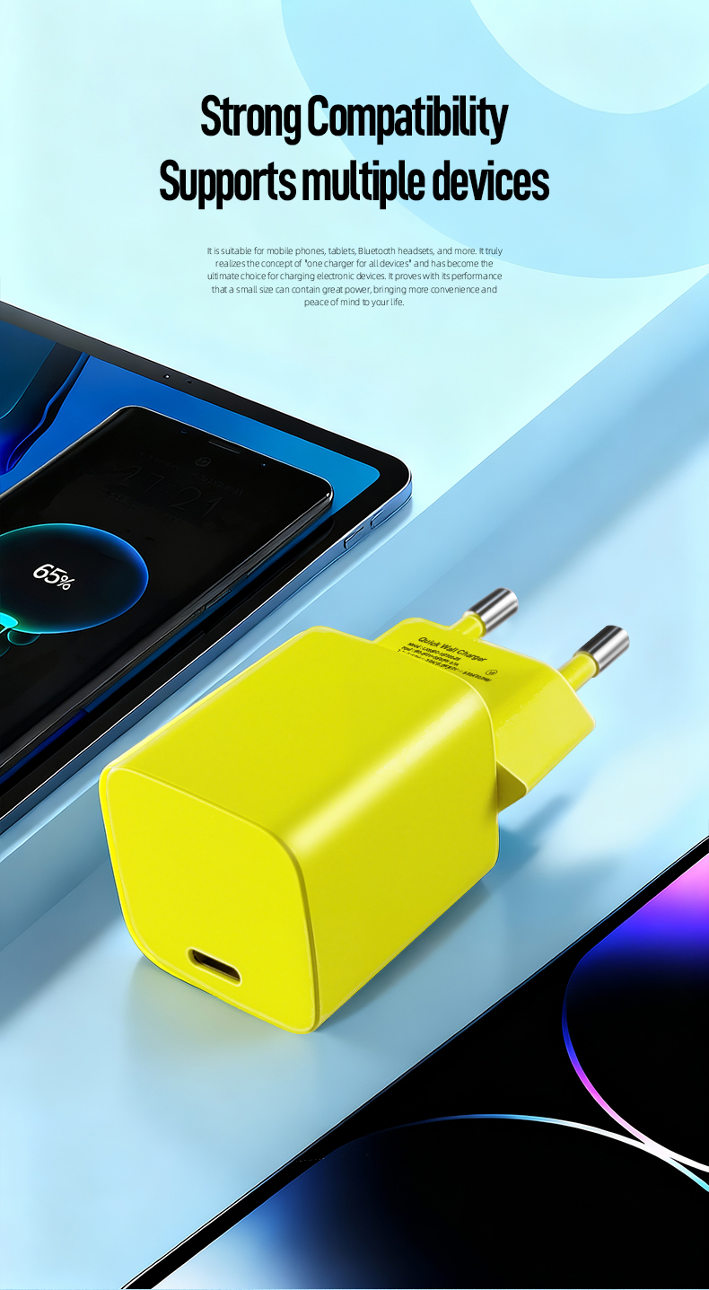 The usb 20w power adapter delivers rapid charging via USB-C PD 3.0. This compact gan charger 20w (GaN technology) operates as a 20w usbc charger for iPhones/Android. Features universal 100-240V input, foldable plugs, and safeguards against over-voltage/current.