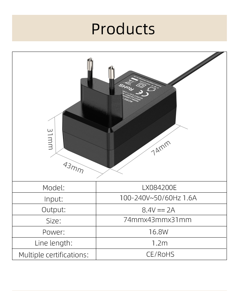 An 8.4 V DC charger is a device that can charge batteries or devices that require 8.4 volts of direct current. It typically comes with a DC cable and plugs directly into a power outlet.