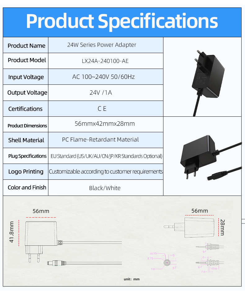 24-volt 1-amp power supply adapter with safety certifications, delivering stable DC output for routers, LED systems, and industrial controllers.