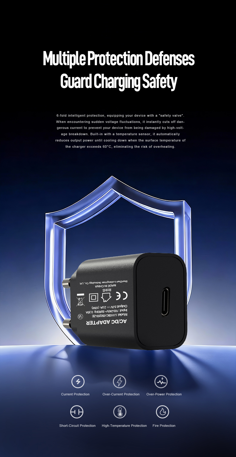 The 5V 2A USB C Wall Charger delivers 10W fast charging with universal 100-240V input. Features USB-C output, over-current/short-circuit/overvoltage protection, and compact plug-in design. CE/FCC certified for smartphones, tablets, and medical devices requiring stable 5V/2A power.