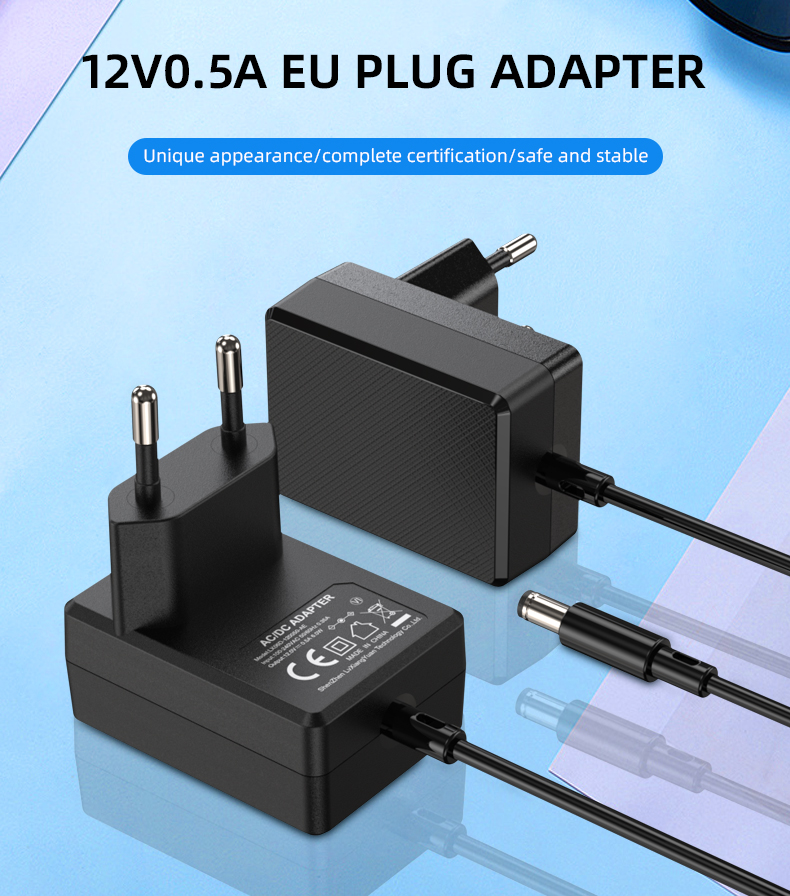 This AC adapter is rated for 12 volts and can supply a maximum current of 0.5 amperes.