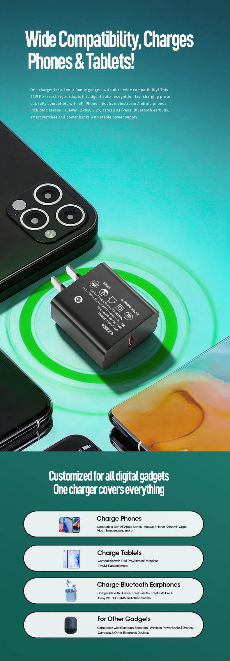 This high-quality samsung adapter 25w delivers stable, efficient fast charging power, perfectly fitting Samsung Galaxy series and most other mainstream USB-C enabled devices. It comes with built-in multi-layer safety protection to avoid overcharging, overheating and short-circuit. Its compact size works great for both daily home use and on-the-go travel, reliably meeting your daily quick charging demands.
