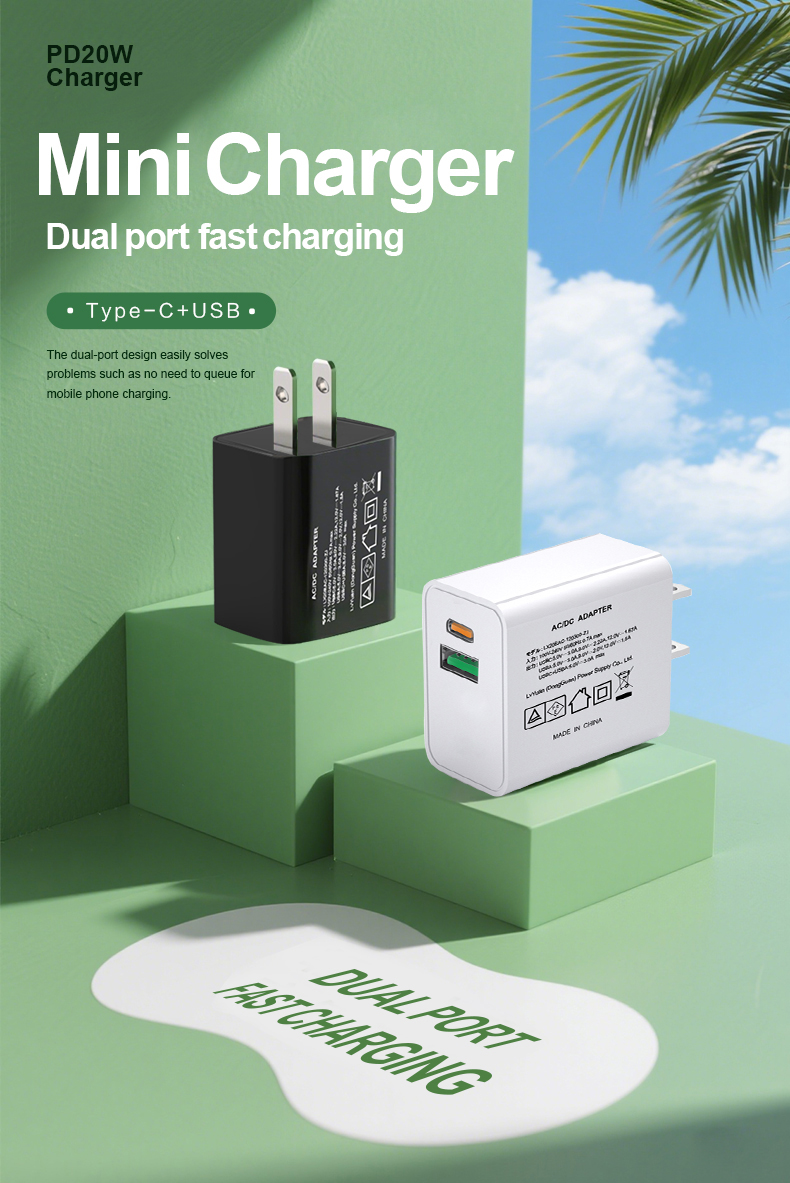 Twin-port Dual Output 20W Fast Wall Plug Charger for swift simultaneous charging.