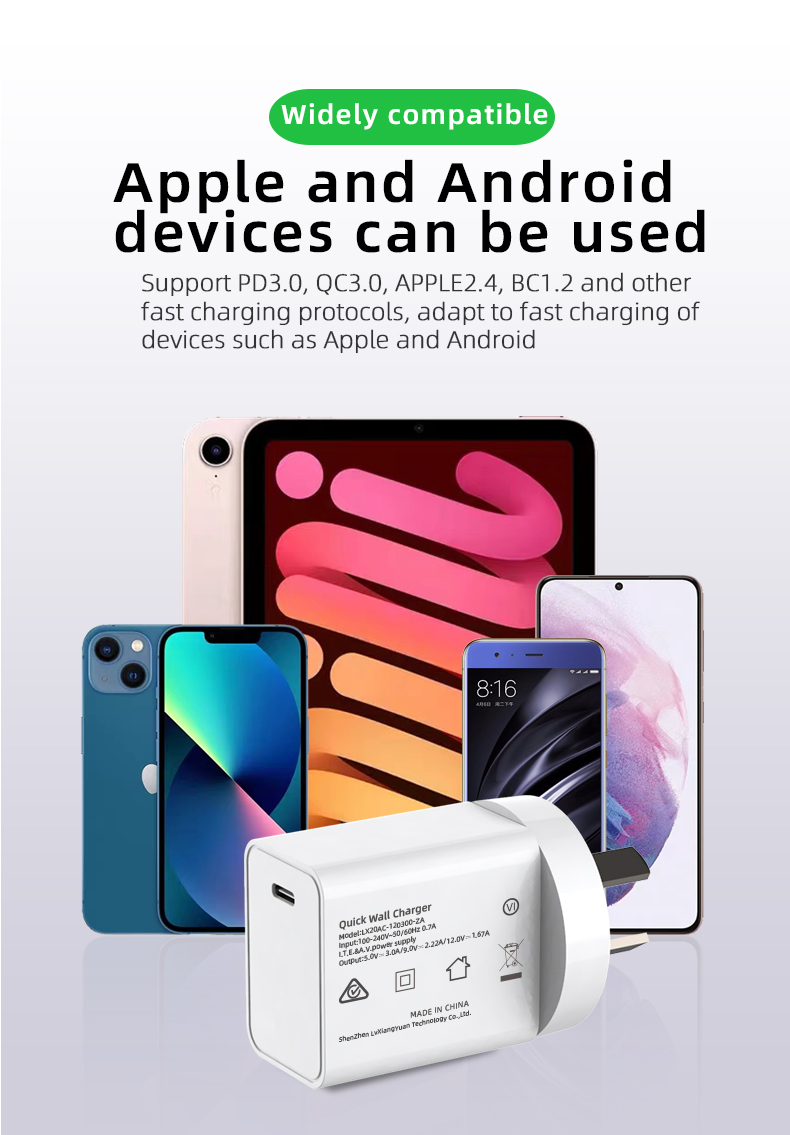 This 20W charger supports PD (Power Delivery) technology, allowing for fast and efficient charging of compatible devices.