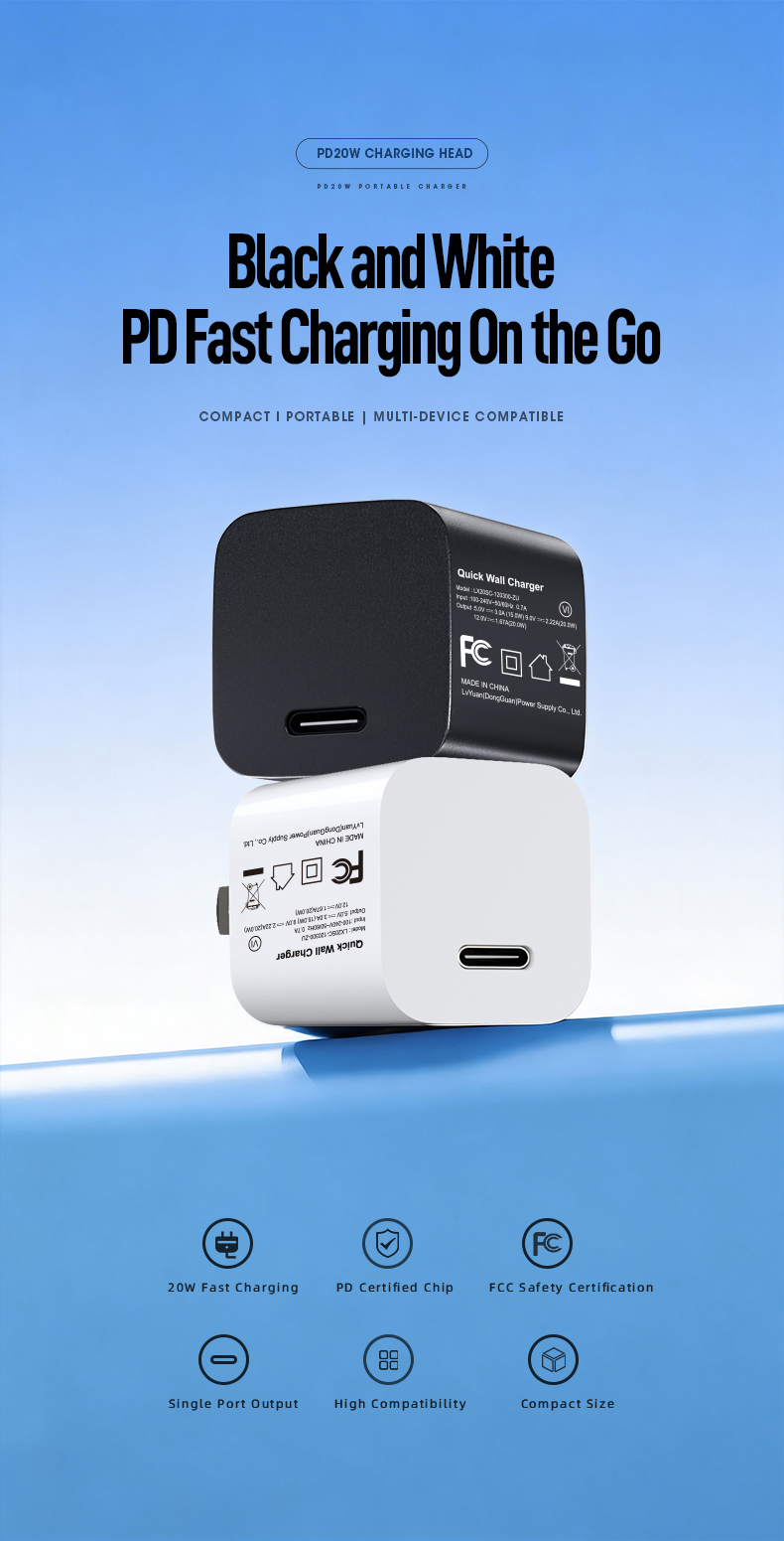Experience rapid PD 3.0 charging charger technology delivering 20W fast power. Charges iPhone 15 to 60% in 30 minutes. Features universal 100-240V input, GaN efficiency, and triple protection (OVP/OCP/SCP). Compact design certified for Apple/Android devices.