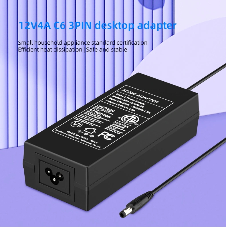An adapter that converts AC power to DC power with an output of 12V and a maximum capacity of 4 amps.