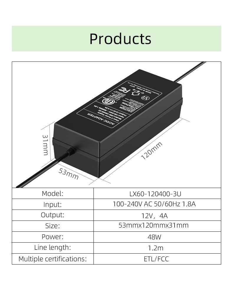 The 12VDC 4A power supply is capable of providing up to 48 watts of power, making it suitable for a range of electronics and appliances.