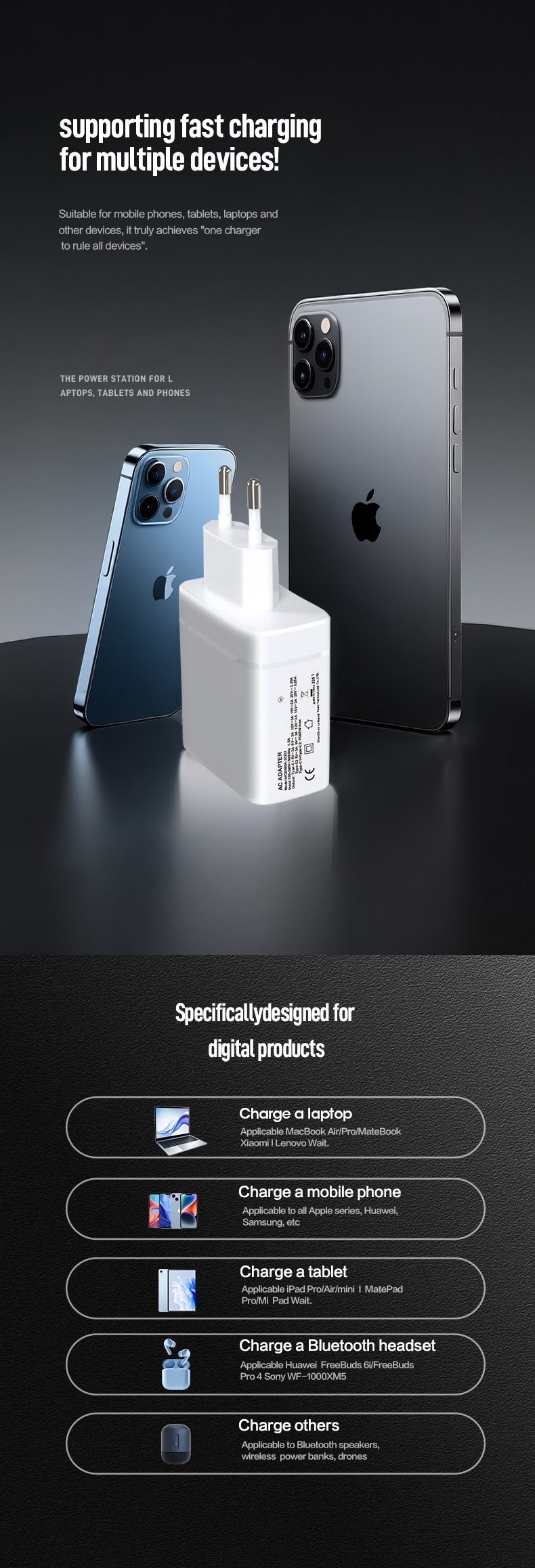 The 65W USB-C PD GaN Laptop Wall Charger delivers ultra-fast power via USB-C PD. This 65W USB C Charger features GaN technology for compact size. The USB-C PD 65W GaN Wall Charger Brick powers laptops, phones, and tablets with certified safety and foldable design.