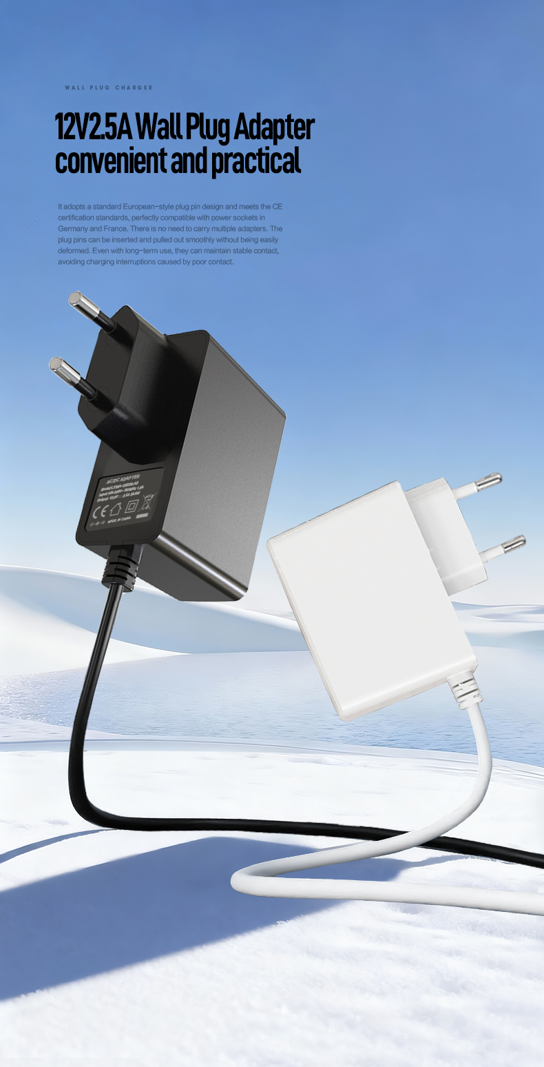 The 12V 2.5 Amp Power Adapter delivers stable 30W DC power with universal 100-240V input. Features industrial-grade over-voltage/short-circuit protection, ±3% voltage stability, and >85% efficiency. CE/UL certified for high-demand devices like CCTV systems, LED arrays, routers, and industrial controllers.