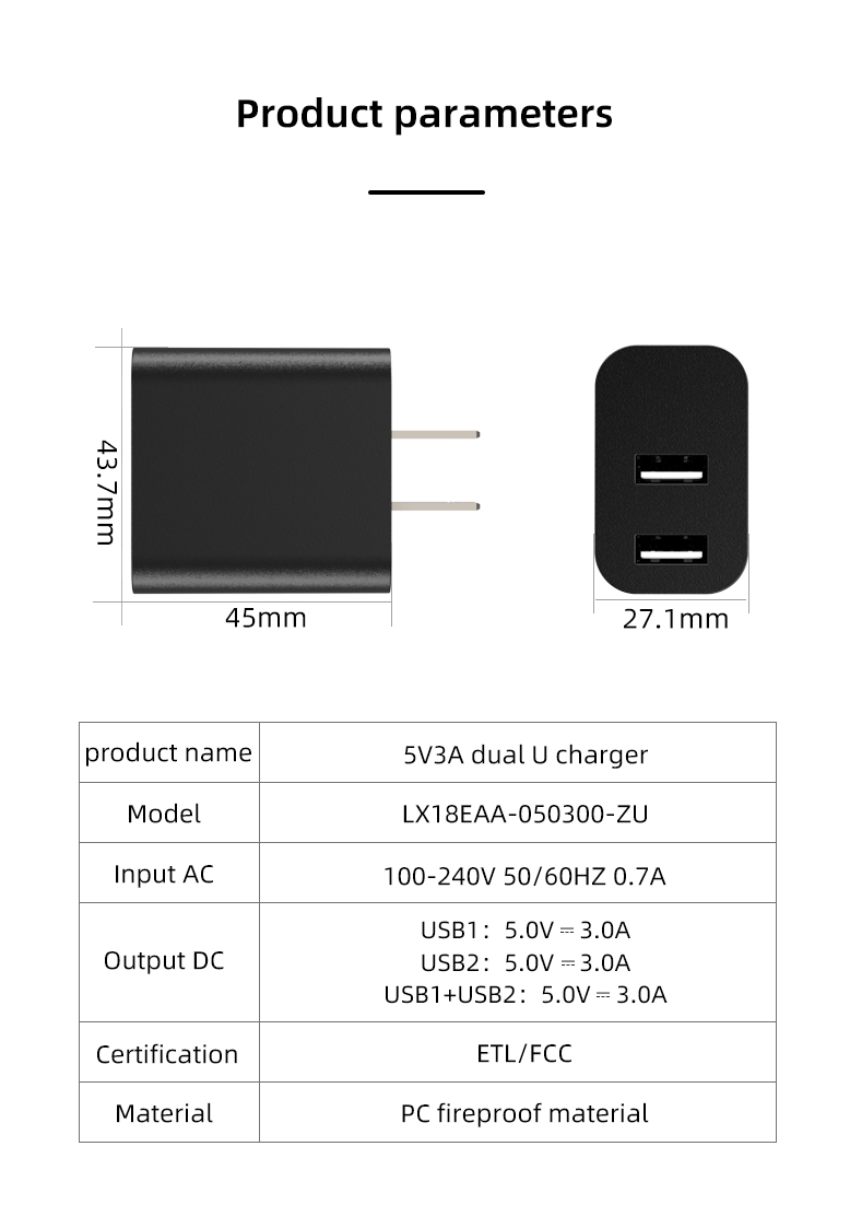 This USB wall charger has two ports, each capable of delivering up to 5V/3.4A of power for a combined total of 6.8A. It is compatible with most smartphones, tablets, and other USB devices. The compact design makes it easy to take with you on the go, and the built-in safety features protect your devices from overcharging and overheating.
