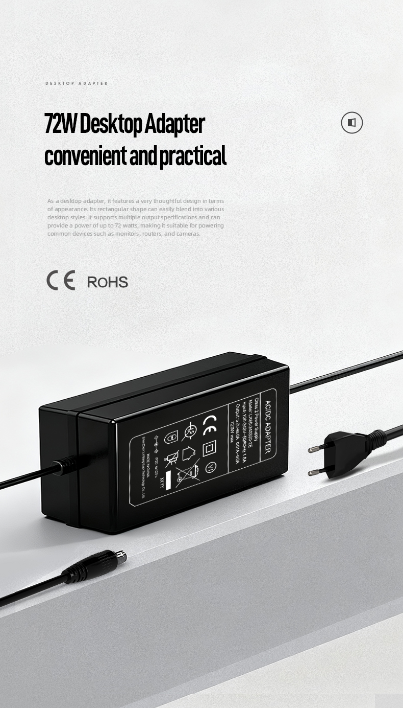 The 24V 3A power supply provides stable 72W DC output for industrial PLCs, CCTV systems, and LED lighting. With universal 100-240V AC input, 90% efficiency, and integrated over-voltage/short-circuit protection, its rugged enclosure operates from -20°C to 70°C. Certified by CE, FCC, and RoHS for global compliance.