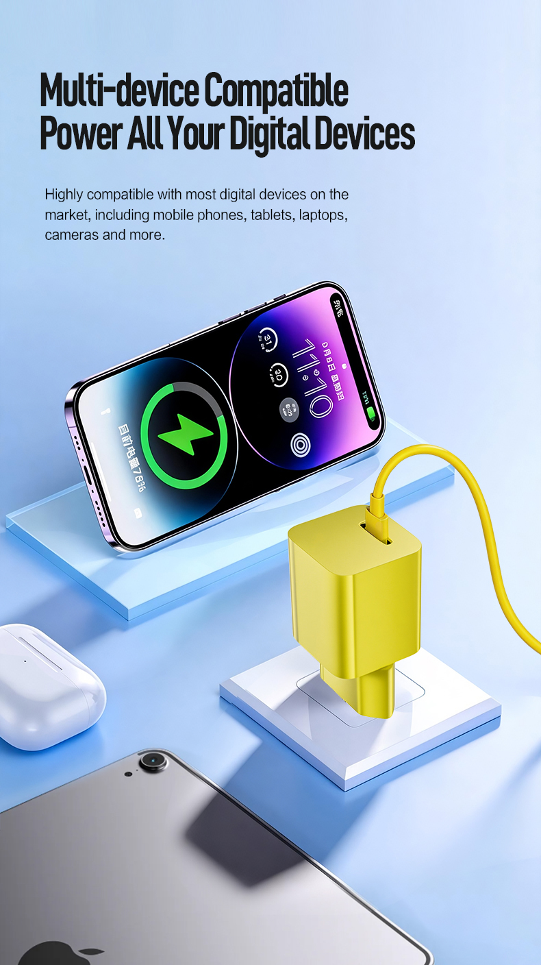 The pd 45w charger delivers rapid USB-C Power Delivery. This compact charger 45 watt powers MacBook Pro to 50% in 30 minutes. As a 45w gan charger, it features GaN tech for 40% smaller size and foldable global plugs.