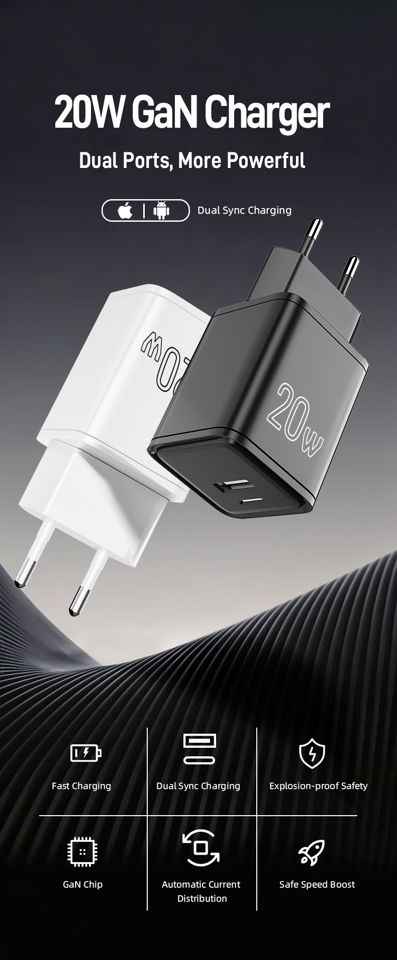 This certified 20 watt charger type c supports 20W PD fast charging, fills 50% battery in 30 mins, with full multi-layer safety protection for most mainstream USB-C smartphones and small portable electronics.