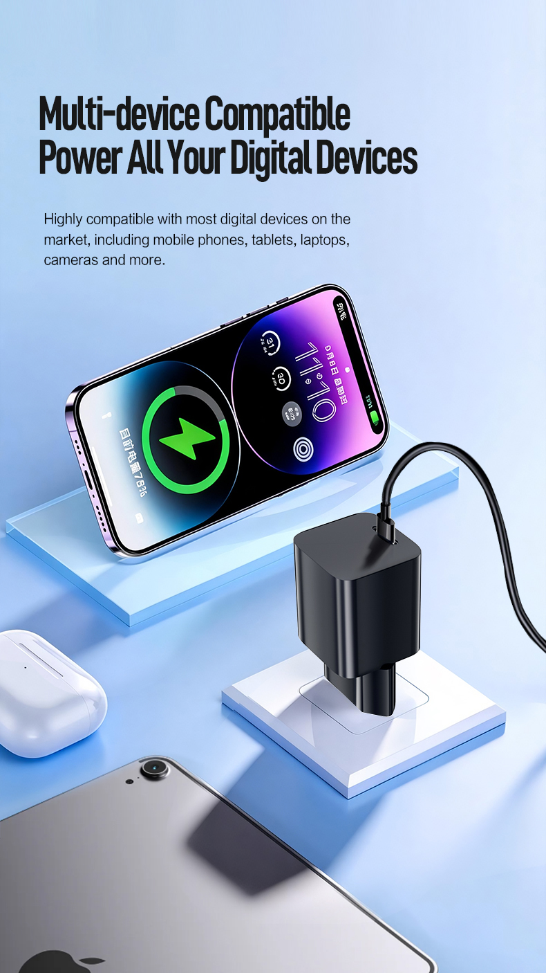 The 45W USB C Wall Charger delivers Super Fast Charger PD 45W performance. This 45W PD Charger powers laptops to 50% in 30 minutes. Features GaN tech, universal 100-240V input, and OVP/OCP/SCP protection.