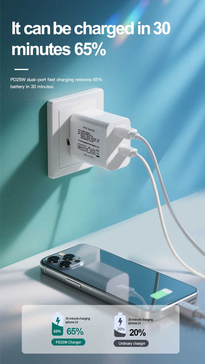 Simplify your charging needs with **25W Fast Chargers**. These compact adapters deliver rapid, efficient power to smartphones, tablets, and earbuds using USB-C PD 3.0 technology. Perfect for travel or home, our 25W Fast Chargers eliminate slow charging—keeping all your devices reliably fueled. The essential upgrade for speed-conscious users.