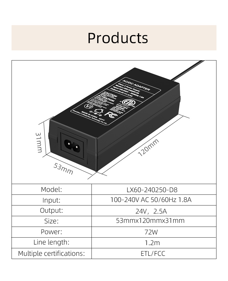 An AC DC adapter with an input voltage range of 100-240V AC and a frequency range of 50-60 Hz, providing a 24V DC output.