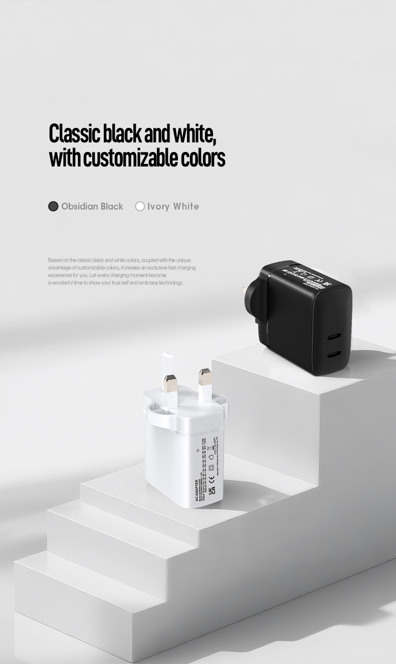 The 65W Dual Port USB-C GaN Wall Charger delivers laptop-fast charging via two USB-C ports. Leveraging gallium nitride technology, it powers devices like MacBooks, tablets, and phones simultaneously in a compact design. Features foldable prongs, universal 100-240V input, and certified safety for efficient global use.