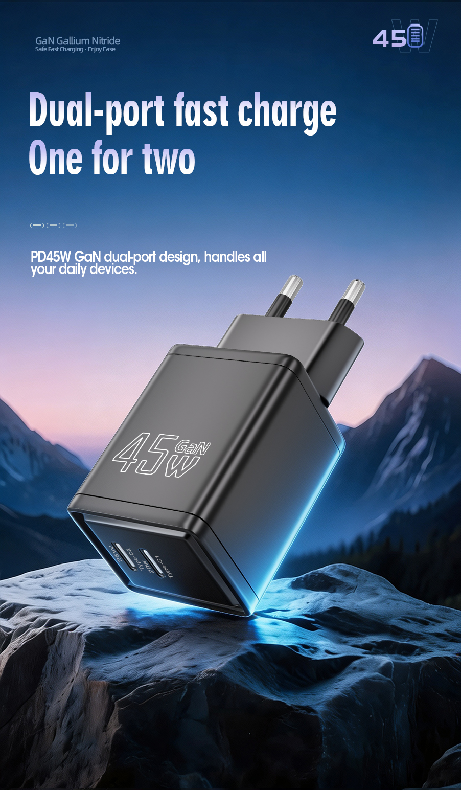 This safety-certified 45 watt usb c pd charger supports multi-protocol fast charging, has full multi-layer safety protection, and works seamlessly with laptops, flagship phones and other USB-C portable devices.