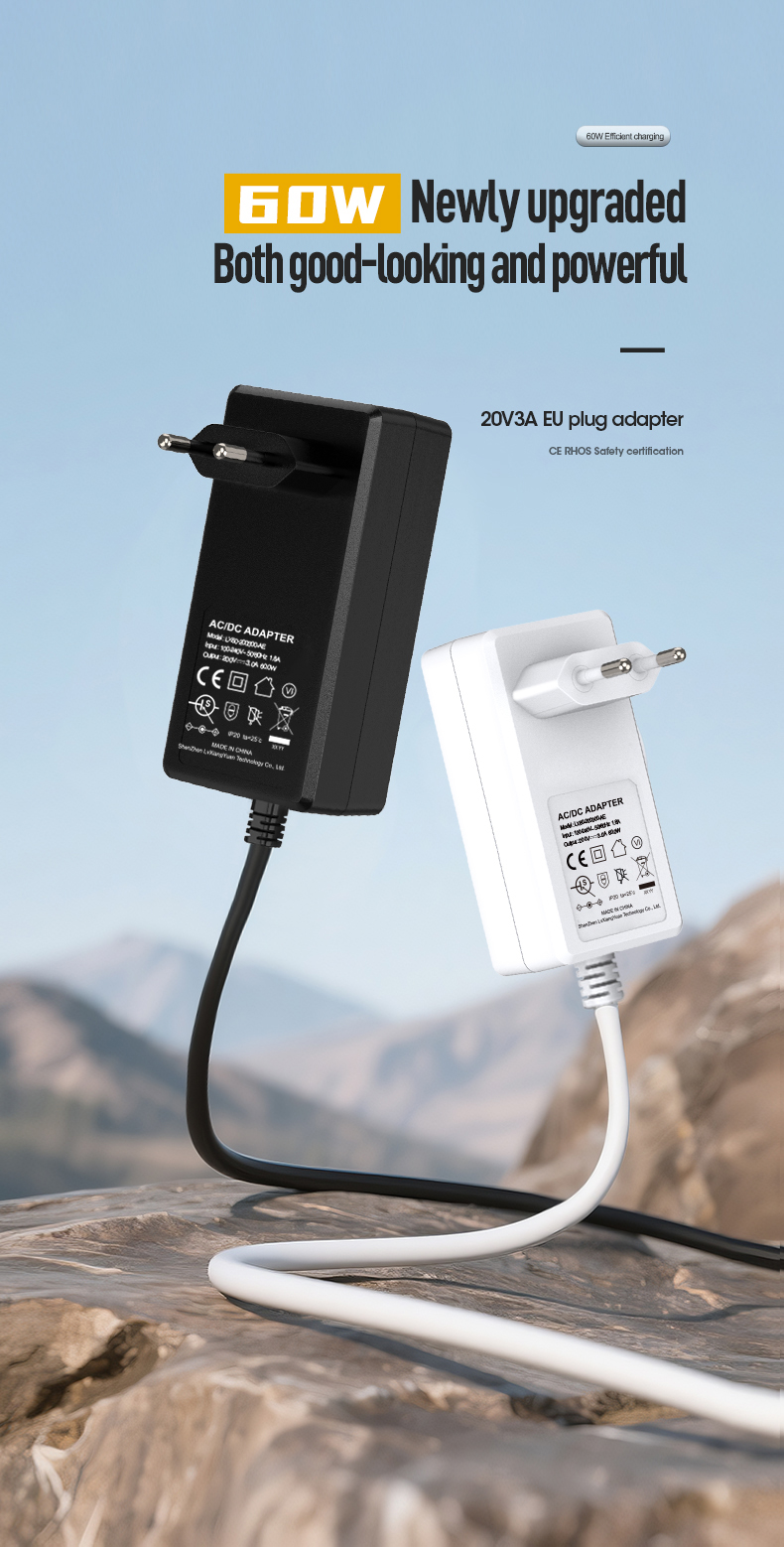 The 20v 3a power supply delivers stable 60W DC power for laptops, printers, and industrial equipment. With universal 100-240V input, overload/short-circuit protection, and CE/FCC certification, it ensures reliable performance. Compact design with interchangeable plugs supports global deployment in commercial or industrial environments.