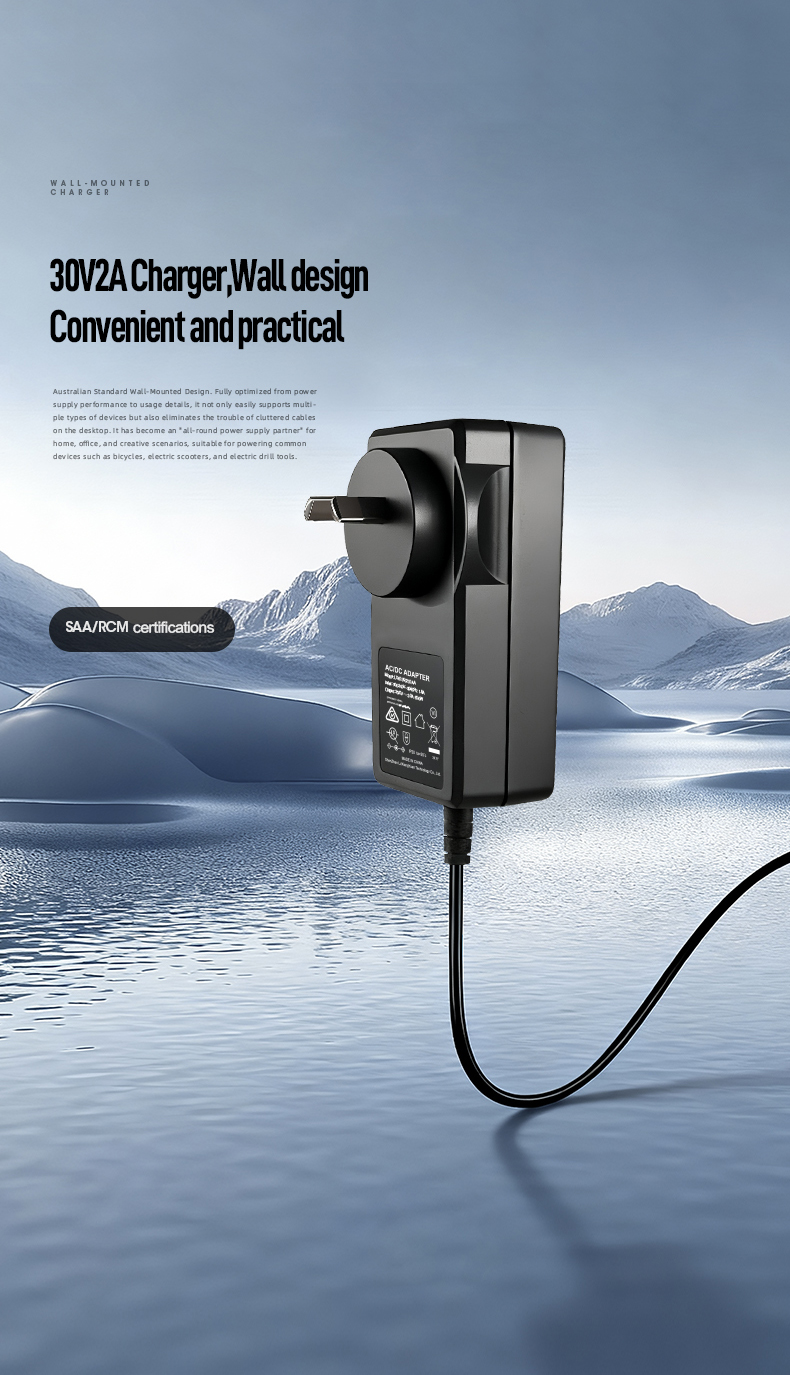 The 30V 2A 60W Power Supply delivers stable DC power (30V/2A) with universal 100-240V AC input. Features industrial-grade over-voltage/short-circuit/overheating protection, LED status indicators, and rugged housing. CE/UL certified for lab equipment, CCTV systems, and 24V battery charging applications.