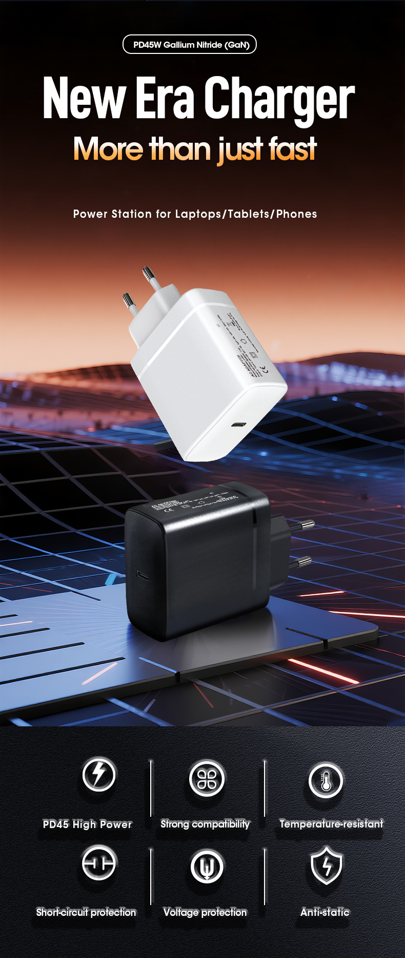 The 45W Single USB-C PD Wall Charger delivers powerful, rapid charging directly from any outlet. Designed with GaN technology for superior efficiency and compact size, it safely powers laptops, tablets, and phones at full speed. Eliminate clutter—experience fast, reliable power in one dedicated port. Ideal for home, office, or travel. (Word count: 50) Key elements integrated: