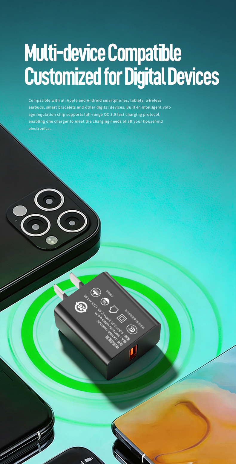 This reliable qc30 charger is a high-performance fast charger 18w, also a compatible samsung 18w charger, delivering stable and safe fast power for most daily electronics.