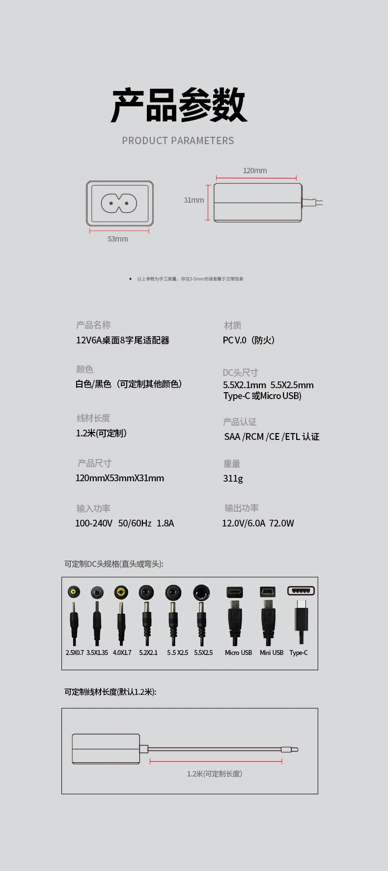 这款12V6A交流适配器可将交流电转换为72W直流电源(12V×6A),专为工业应用设计。该产品亦称12V6A电源适配器或12V直流6A电源,具备100-240V宽电压输入、过载保护功能,并通过CE/FCC认证,适用于LED阵列、服务器及自动化控制系统。