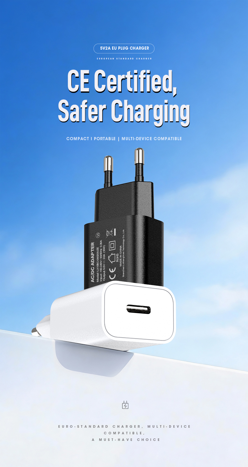 5V 2A USB-C Power Supply. This compact charger delivers a steady 10W of power (5 Volts, 2 Amps) via its USB Type-C port. Ideal for efficiently charging phones, small tablets, and other compatible USB-C devices.
