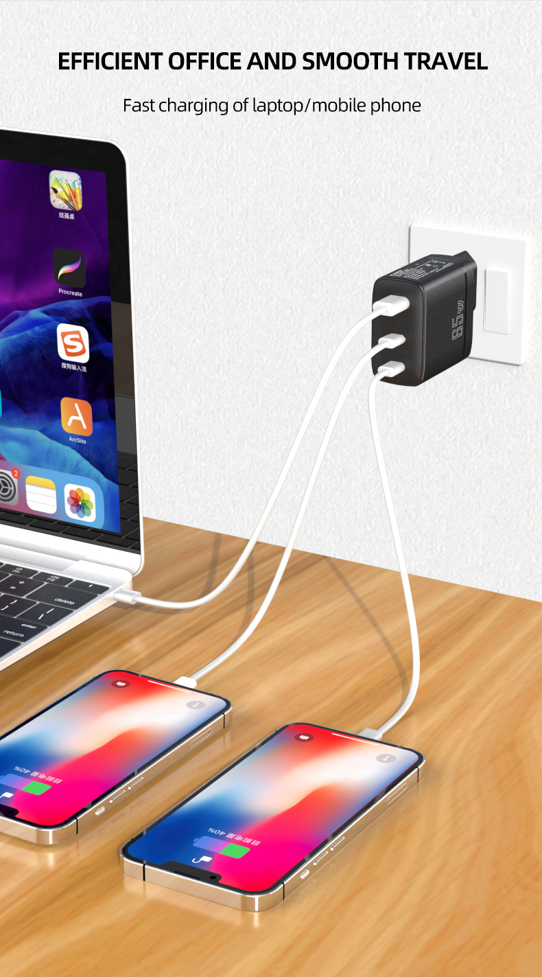 The 65w PD charger can be used to charge electronic devices that support USB Power Delivery technology, such as laptops and smartphones. Its high-power fast output can greatly reduce charging time and effectively improve user charging efficiency. At the same time, the 65w PD charger is also very suitable for travel and business occasions, making it convenient to meet users' mobile charging needs.