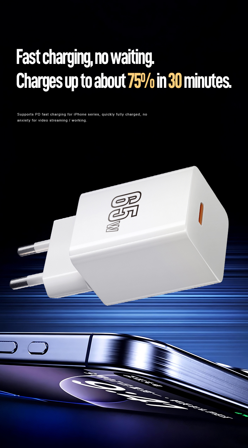 The 65W PD GaN USB-C charger delivers ultra-fast Power Delivery 3.0 charging. Leveraging Gallium Nitride tech, it’s 45% smaller than standard adapters yet powers MacBook Pro to 50% in 28 minutes. Features foldable global plugs, universal 100-240V input, and OVP/OCP/SCP triple protection.