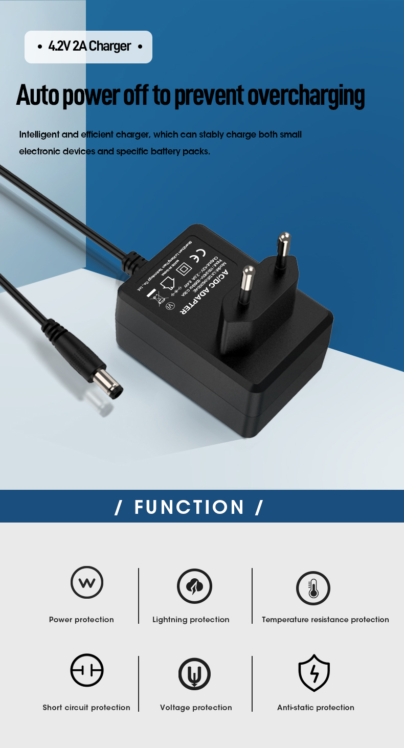 This compact 4.2V 2A charger provides fast and safe charging for single-cell lithium-ion batteries (Li-Ion/Li-Po), including 18650, 18500, and 14500 sizes. It features intelligent protection against over-current, over-voltage, and short circuits. Employing CC/CV charging, this 4.2V 2A charger ensures maximum battery capacity and longevity, automatically switching to trickle mode when full.