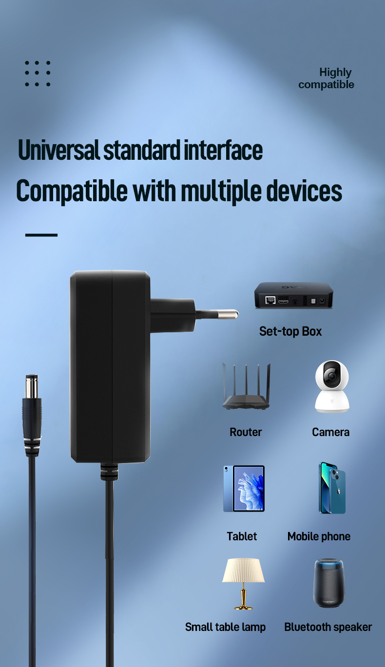 This compact 5V/2A power adapter or 5V 2000mA switching power supply or 5V 2A DC Power Adapter efficiently converts AC power to DC 5V 2A, it ensures high efficiency, cool operation, and regulated voltage for routers, LEDs, security cameras.