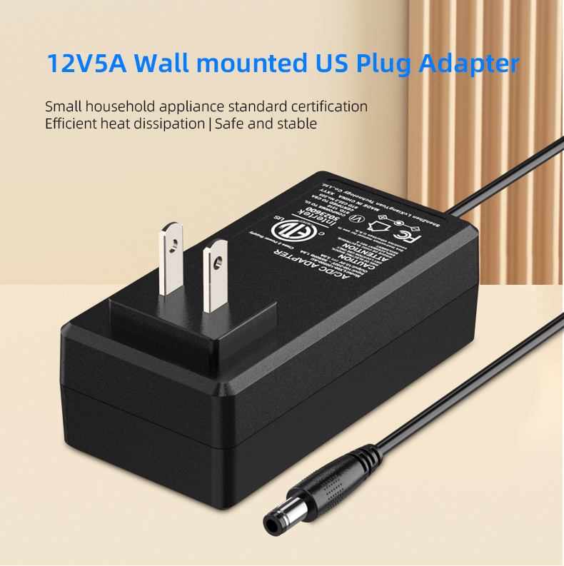 A 12V 5A AC-DC adapter converts alternating current (AC) from a wall outlet to direct current (DC) with a 12V output and up to 5A of current, suitable for powering a variety of electronic devices.