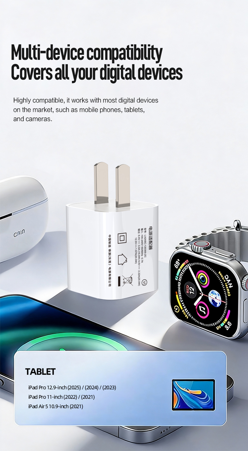The 20w adapter delivers rapid PD 3.0 charging, powering iPhones to 60% in 30 minutes. Features GaN tech for 40% smaller size than Apple’s 20W, universal 100-240V input, and advanced OVP/OCP/SCP protection. CE/FCC/RoHS certified for iPhone 12-15, AirPods Pro, and iPad Mini.