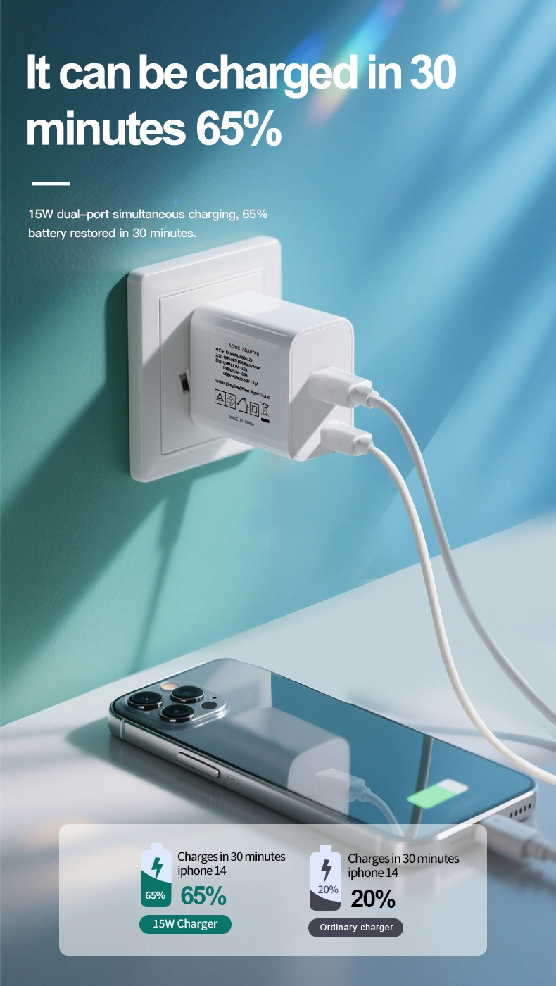 A compact Dual USB Wall Charger plugs directly into AC outlets. It features two ports to power up two smartphones, tablets, or other gadgets simultaneously. Easy plug-and-play design for convenient fast charging anywhere. Frees up outlet space while keeping your essential devices charged.