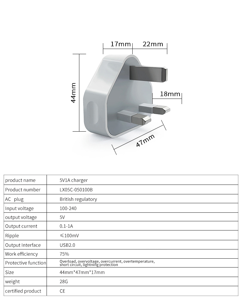A 5V 500mA USB charger is an adapter that supplies 5 volts of direct current (DC) through a USB port, with a maximum output of 500 milliamps (mA). It is typically used for charging small electronic devices such as smartphones, tablets, and Bluetooth headphones that can be charged via USB. Some USB chargers may have multiple ports, allowing you to charge multiple devices simultaneously. It is important to note that the charging speed may vary depending on the device being charged and the current level of the USB charger.