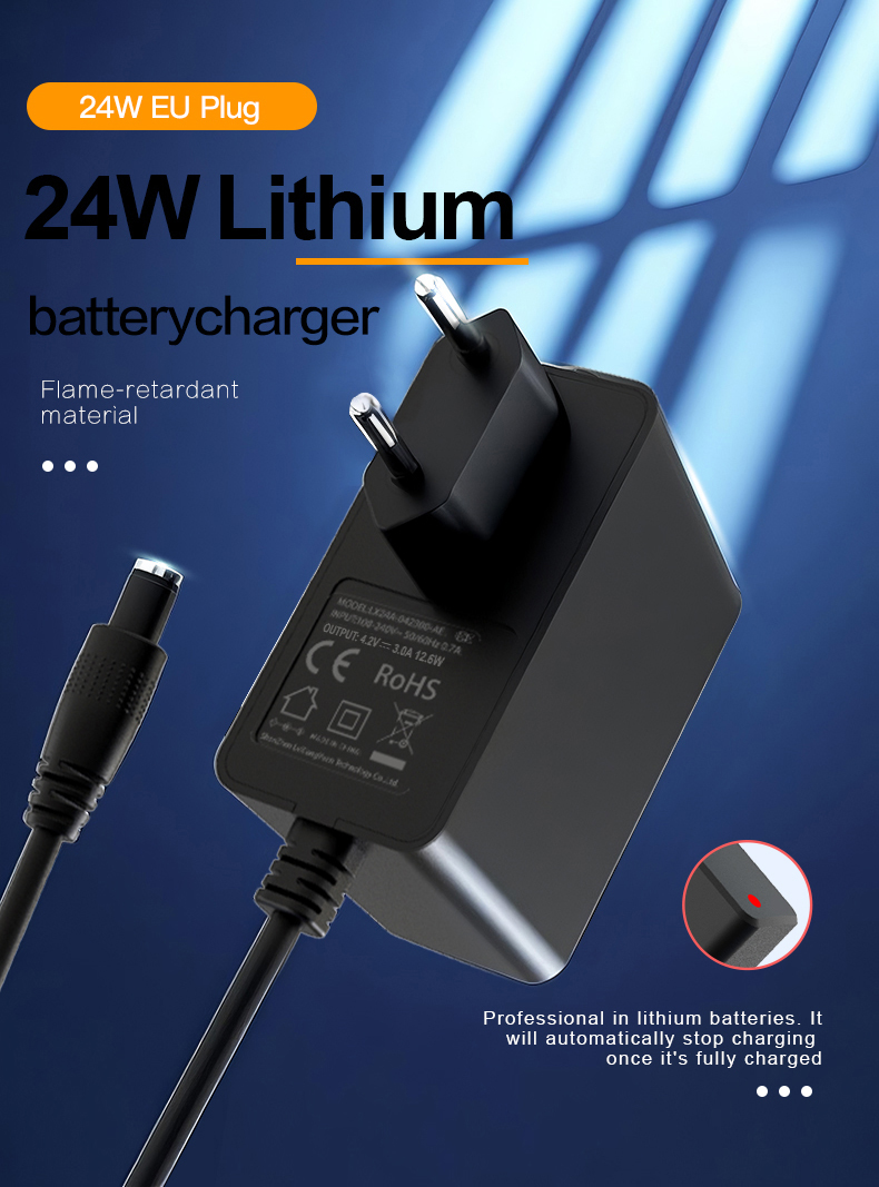 Compact 4.2V charger (CE/FCC-certified) safely powers lithium-ion batteries with over-charge, over-current, and short-circuit protection. Ideal for drones, power tools, and portable devices. Universal 240V input ensures efficient, reliable performance in a durable design.