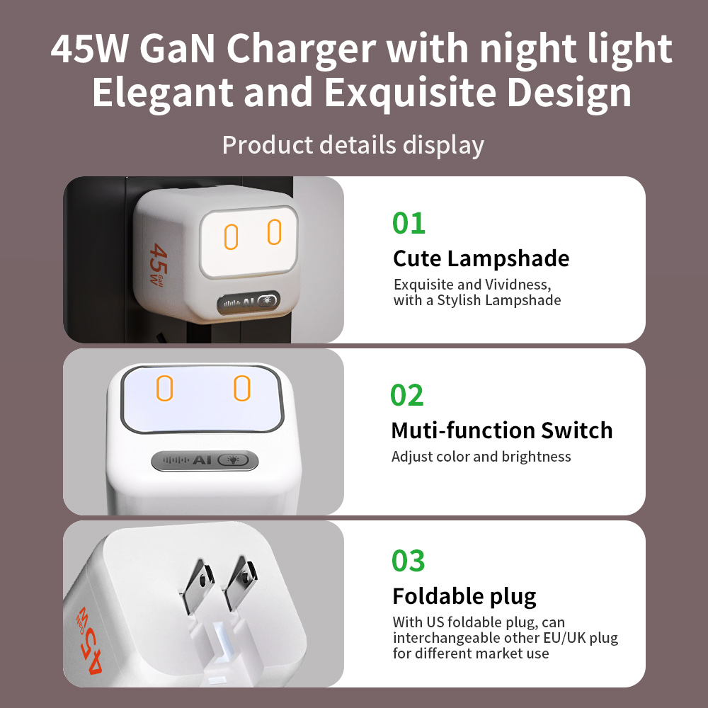 Fast GaN Charger 45W With AI Night Light